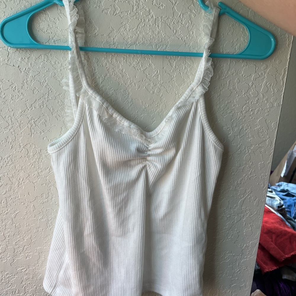 White frill trim tank top .